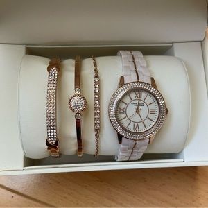 Anne Klein Womens Rose Gold Watch & 3 Bangle Set